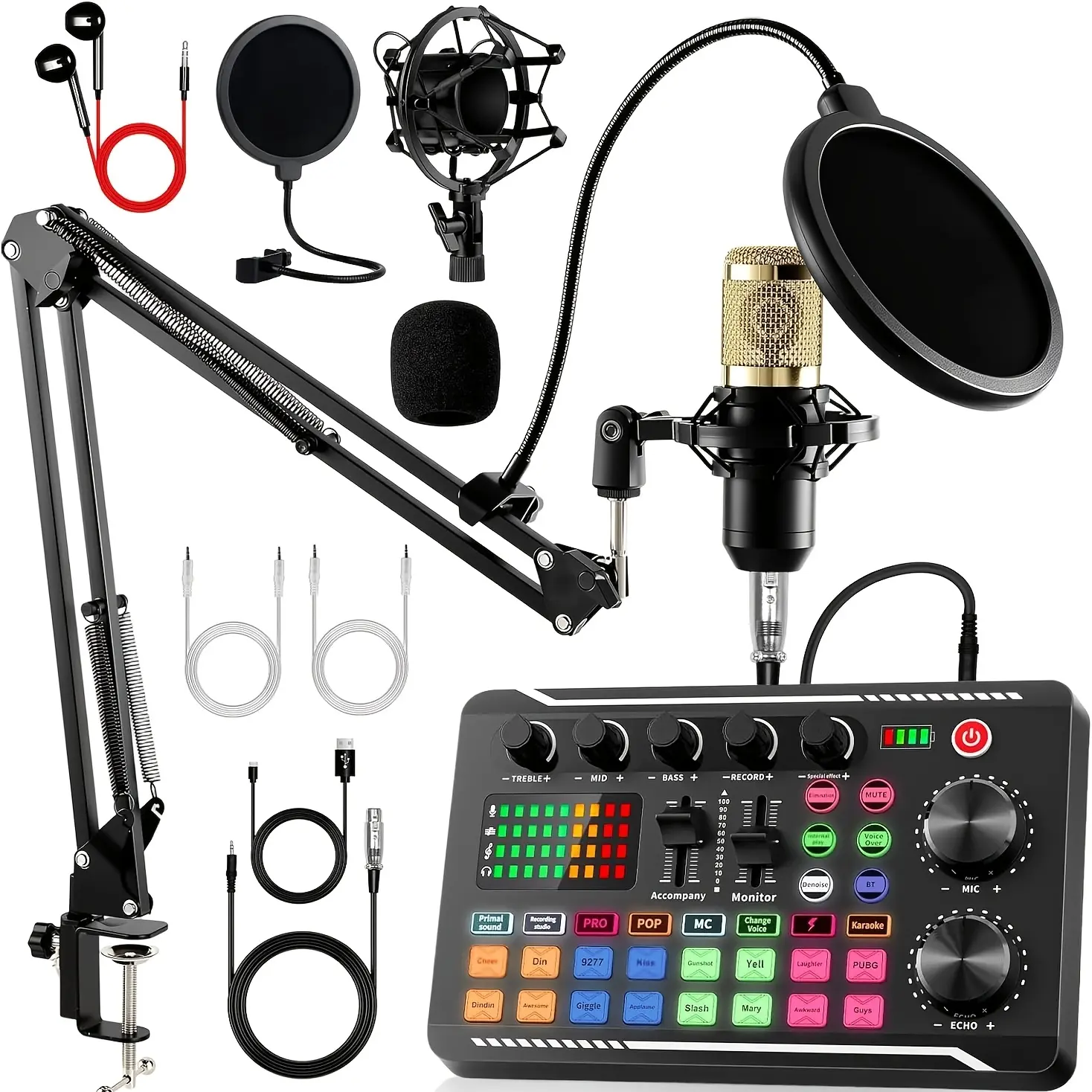 Podcast Equipment Complete Kit - BM-800 Gold Microphone, F998 Sound Card, Plug-N-Play USB-Powered Studio Gear for Podcasting, Live Streaming