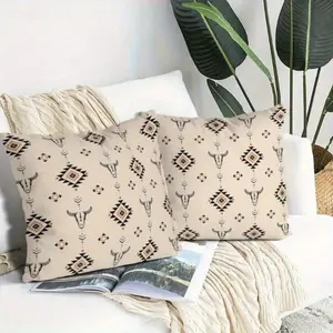 2 Printed Pillow Covers, West Bull Skull Beige Bohemian Geometric Pattern Cowboy Farmhouse Rural Decoration Pillowcase, Used For Sofa Bed Sofa Mat Home Decoration, Home Decorative Cushion, 18 Inches X 18 Inches