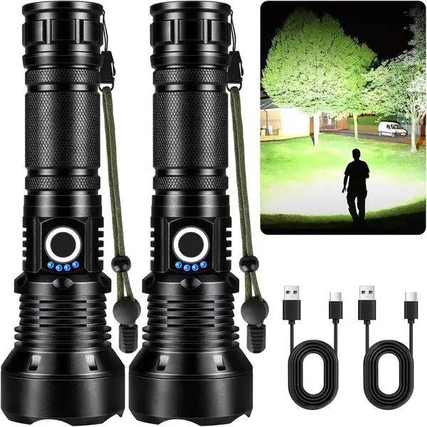2-Pack Portable Rechargeable EDC LED Light Flashlights - 90,000 Lumens High Lumen Brightness, 5 Modes, IPX7 Waterproof, Sustainable Camping & Home Essential Torches