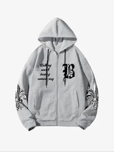 Men's Letter & Graphic Print Drawstring Zip Up Hoodie, Casual Loose Long Sleeve Pocket Hooded Sweatshirt for Fall & Winter, Men's Clothes for Daily Wear