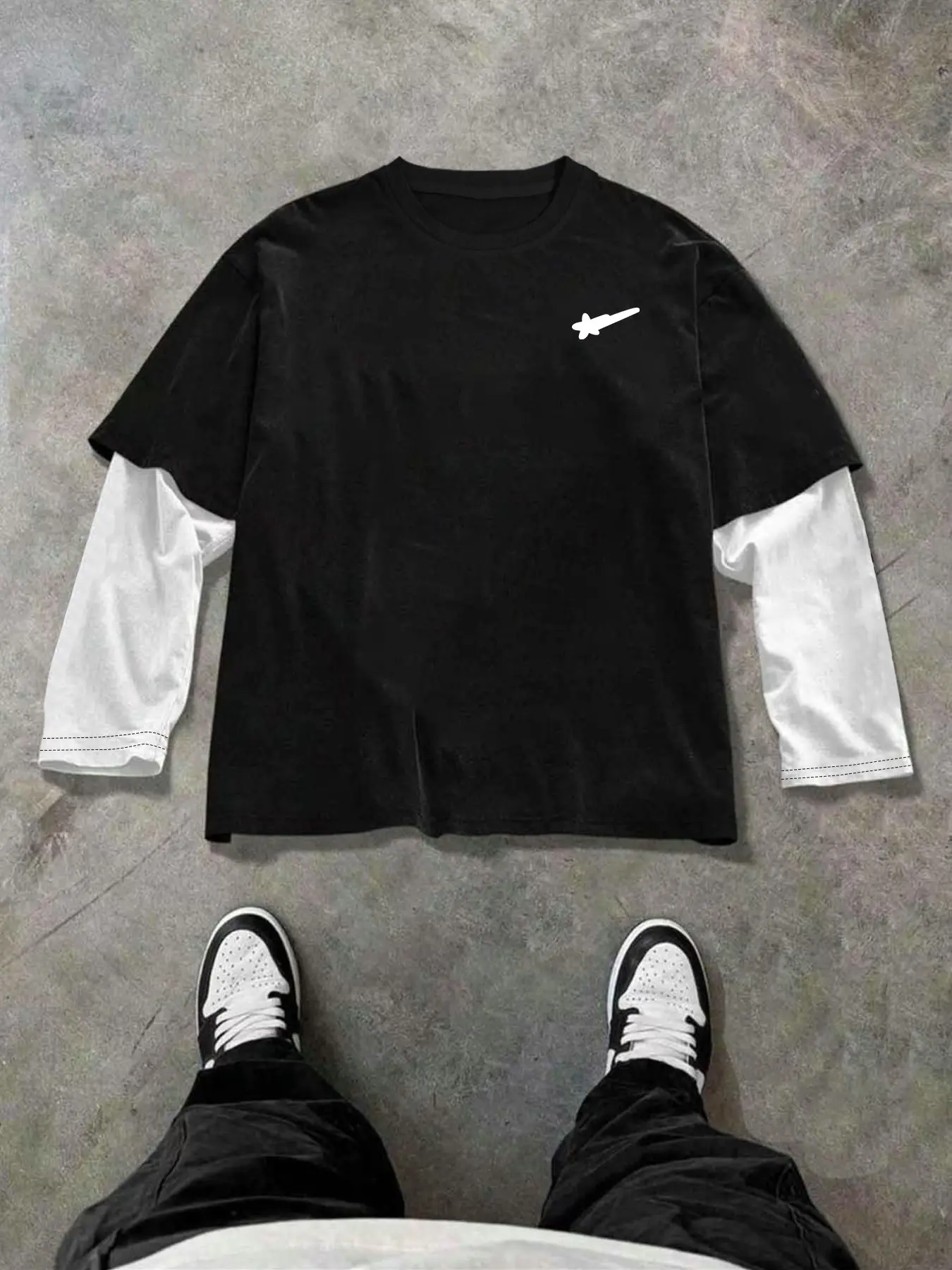 Men's Hip Hop Streetwear Layered Look Shirt | Menswear Aesthetic Star Logo Patchwork Round Neck Long Sleeve Tee | Contrast Stitching Loose Fit Top for School & Casual Wear | Versatile Grunge Style Spring/Autumn Essential