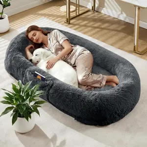 Garvee Human Dog Bed for Adult, 64.9" x 41.3" Large Giant Orthopedic Memory Foam Nap Bed for People Pets, Washable Faux Fur Cover with Side Pocket Waterproof for Anxiety Relief