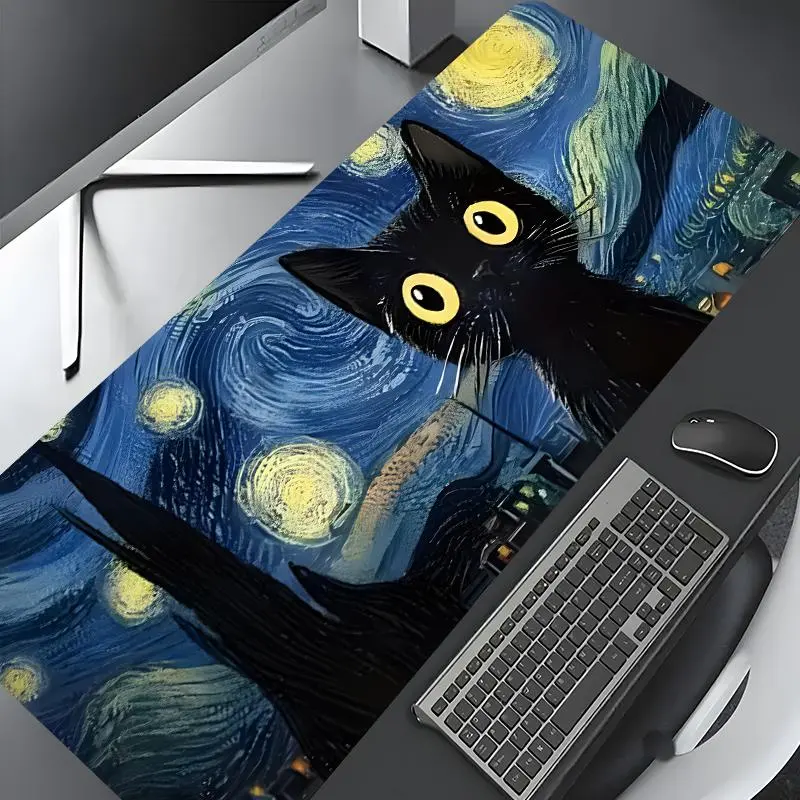 Black Cat & Starry Night Large Game Mouse Pad, Desk Accessories, Desktop Accessory, Desktop Decoration Protection Pad, Rubber Non-slip Lock Edge Work Pad, multi-size suitable for work, family, gift for kids