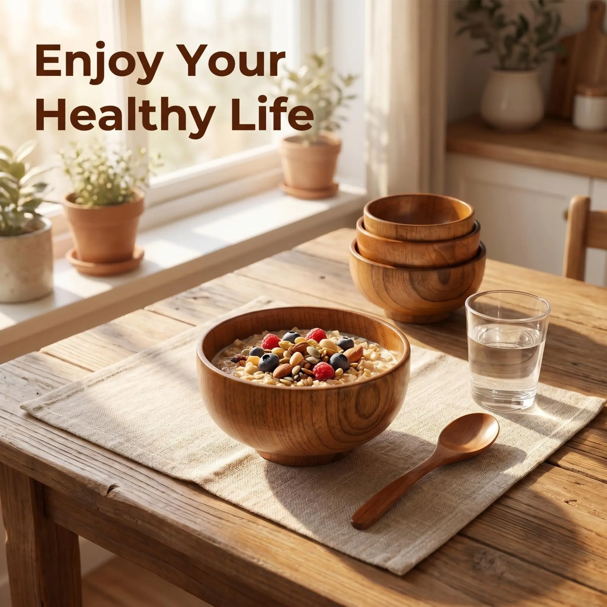 Eco-friendly wooden serving bowl, hand-carved natural wood bowl with unique wood grain, lightweight and safe tableware for home kitchen and outdoor use + free gift (spoon, fork and chopsticks) engraved cutlery