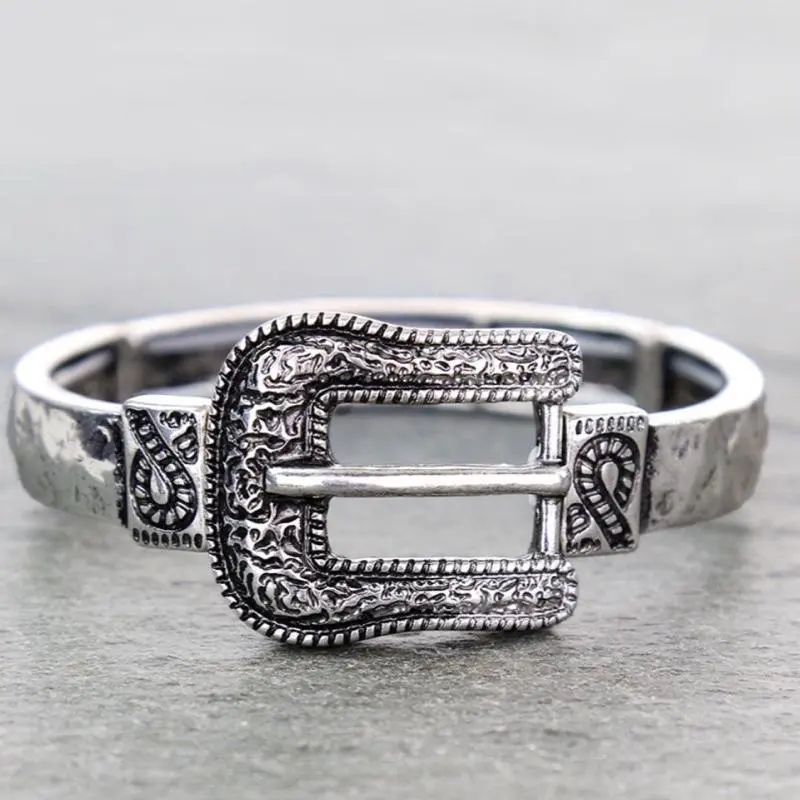 Western Filigree Belt Buckle Stretch Bracelet - Unique Design with Detailed Buckle and Flexible Band Casual Trendy Jewelry Gold Plated Bands