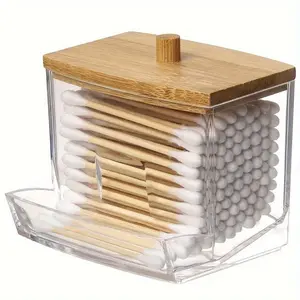 Clear Cotton Swab Storage Box with Bamboo Lid, 1 Count Transparent Portable Acrylic Organizer Container, Makeup Tool Organizer for Home, Office, Dormitory & Bathroom