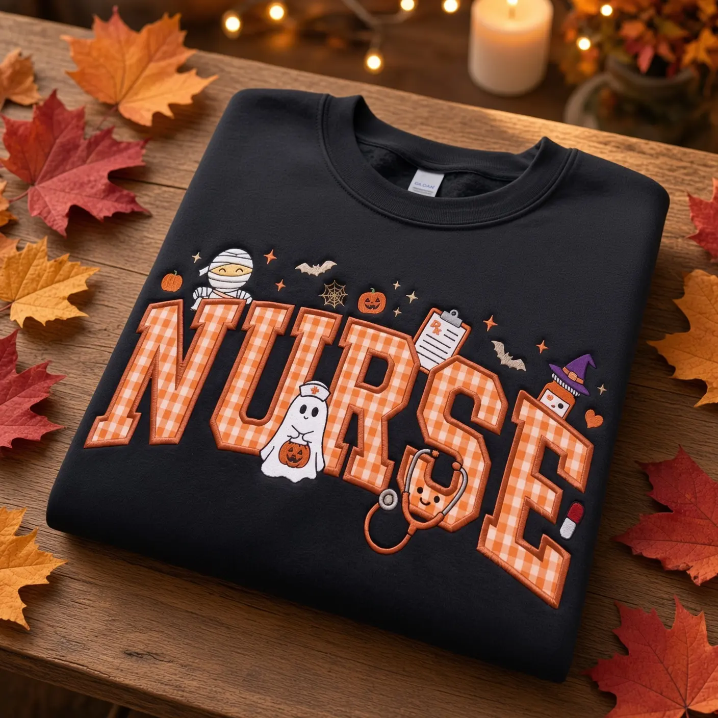 Embroidered Halloween Nurse Applique Sweatshirt, Gingham Spooky Ghost Medical Shirt, RN Nurse Gift, Cozy Fall Hospital Pullover