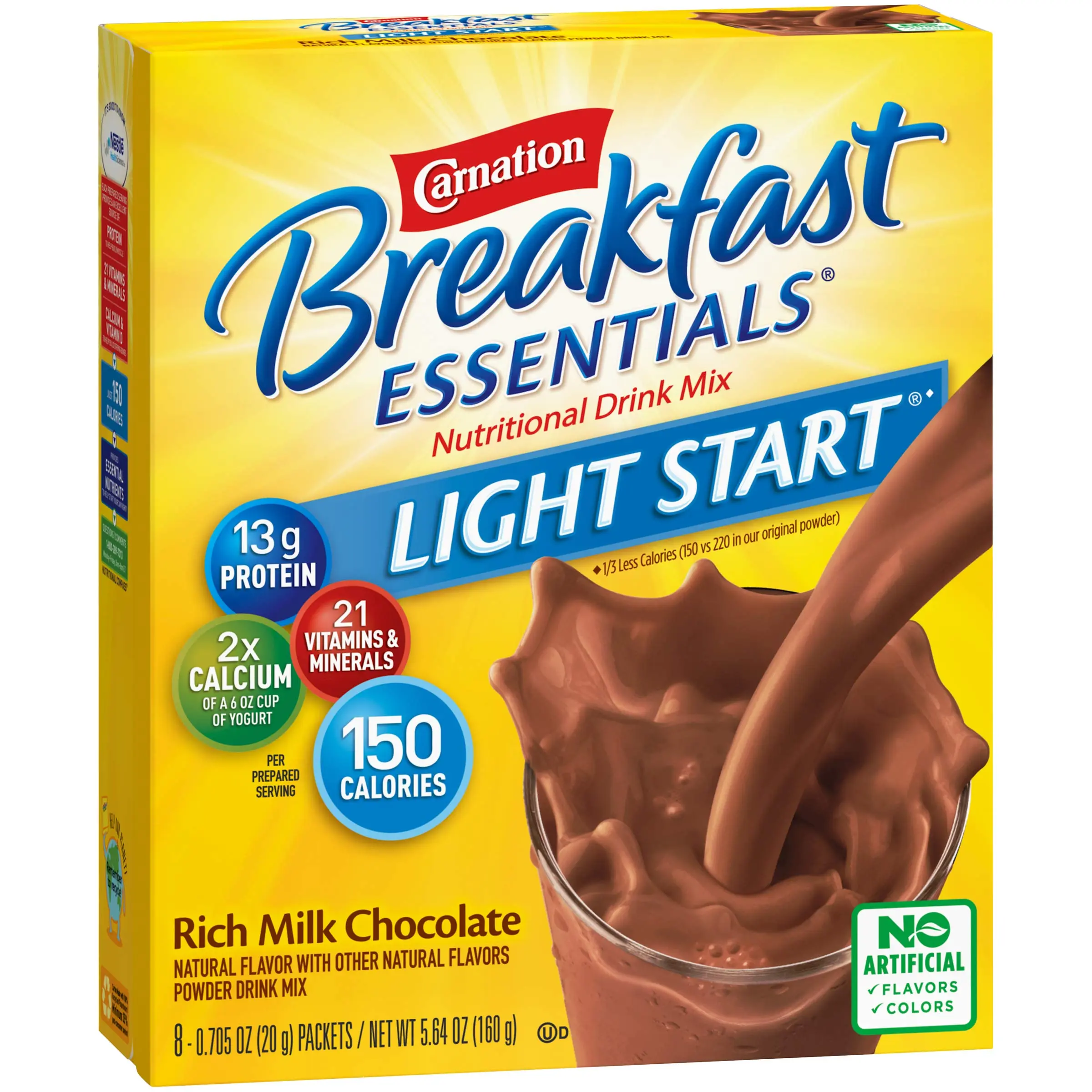 Carnation Breakfast Essentials Light Start Powder Drink Mix, Rich Milk Chocolate, 8 Count Box of Packets (Packaging May Vary)