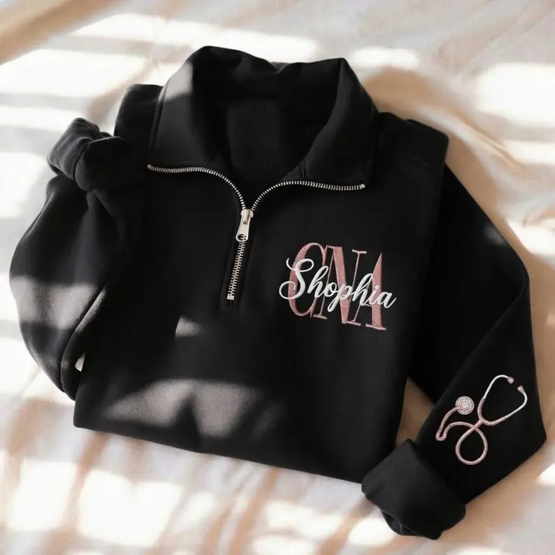 [MADE IN US] Embroidered Custom CNA Quarter Zip Sweatshirt, Nursing Graduation Sweatshirt, Cna Sweatshirt, Nurse Sweatshirt