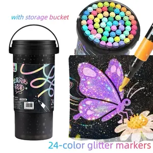 24 Glitter Colors Paint Pen Set with Storage Bucket – Sparkly Metallic Acrylic Markers, Fine Tip, Water-Based Ink for Kids & Adults DIY Art, Greeting & Birthday Cards