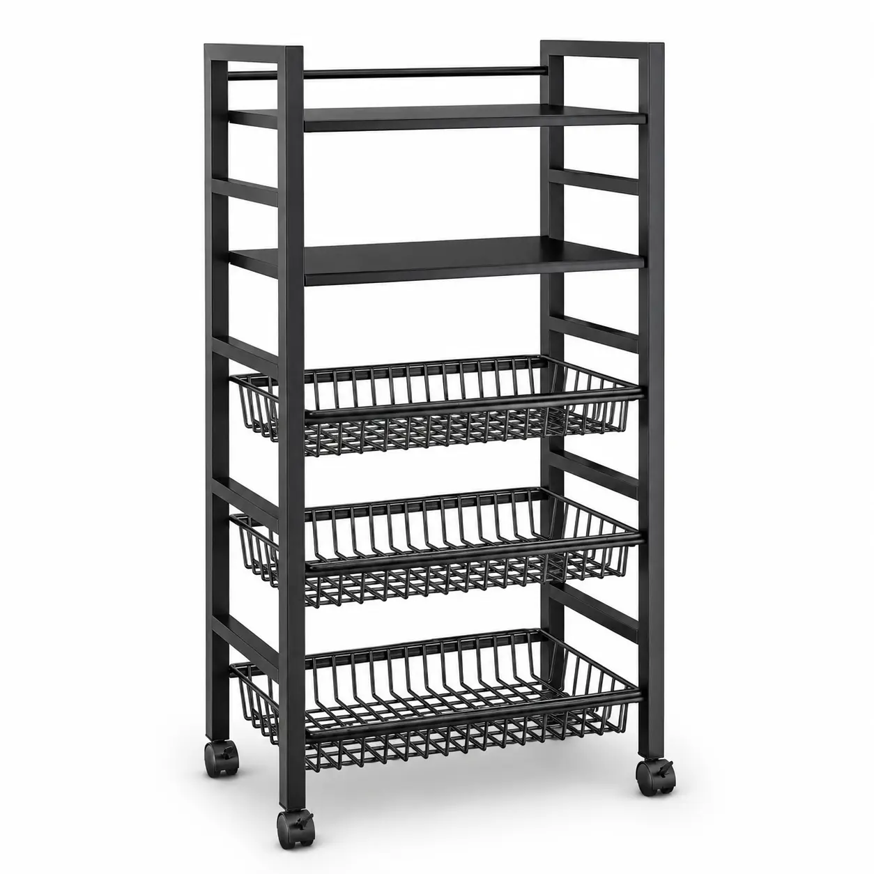 Five-tier movable outdoor storage rack, black metal multifunctional organizer with wire basket and wheels, suitable for yard, garden, balcony, kitchen, and bathroom