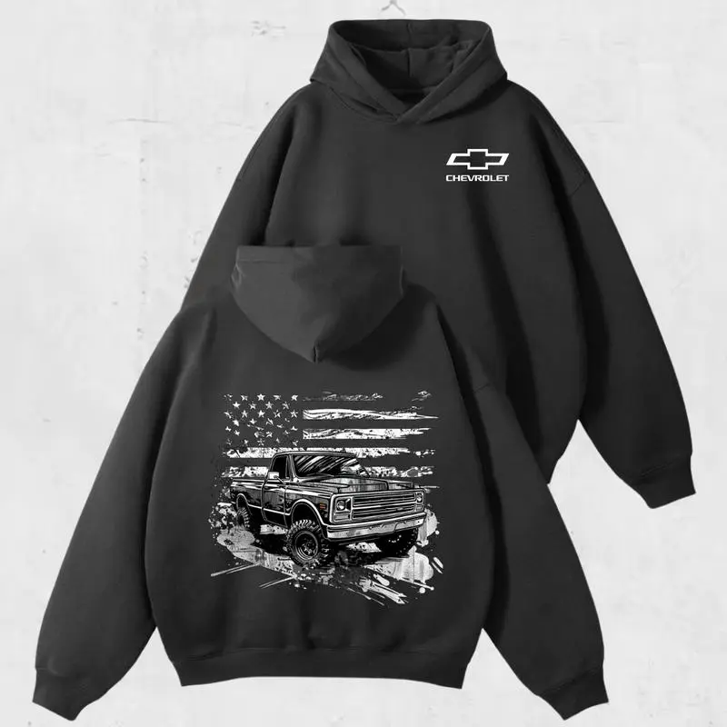 Men's Vintage American Flag Chevy Square Body Truck Hoodie - Fleece-Lined Cotton Blend Long Sleeve Top, Patriotic Car Guy Casual Wear, Unisex Jeans-Pairing Gear, Fabric, Menswear, Soft, Sweatshirts, Stylish, Longsleeves, Pullover