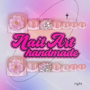Y2K Style Toe Nails, Handmade Press On Wearable Nails, 4 Sizes XS S M L, Rhinestones Floral French Design, Perfect for Vacation Beach