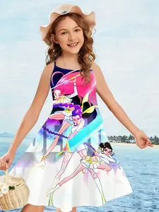 Girls Kpop Demon Hunters Series Strapless Dress, Gradient Colorful Group Illustration 3D Printed Sleeveless A-Line Skirt, Street Style Fantasy Dresses