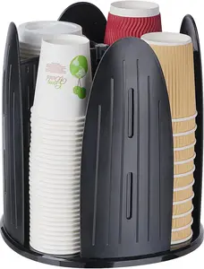 Rotating Coffee Cup Dispenser, Paper Cup Holder with 4 Compartments, Cup and Lid Organizer for Countertops, Removable Paper Cup Dispenser for Kitchen, Coffee Stations, Black