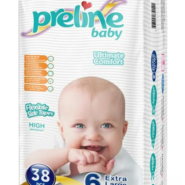 (30+ lbs) Preline Baby Diapers Size 6 Extra Large, 38 Pieces. Runs Small, Check Weight