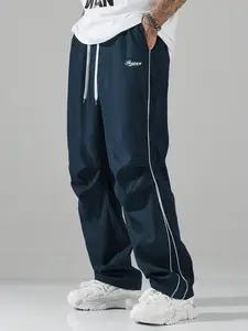 High Street Wide Leg Sport Pants, Drawstring Waist, Side Stripes, Lightweight Breathable, Loose Straight Fit, Summer Casual Streetwear