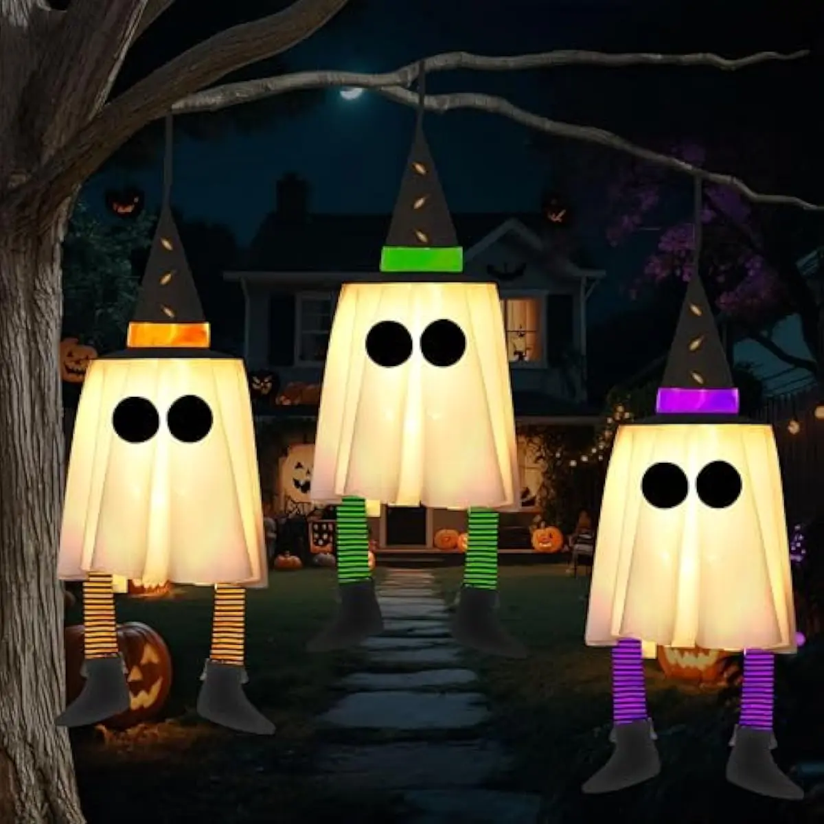 23.6'' 3PCS Halloween Hanging Ghosts Decorations Outdoor, Warm Light Up Ghosts Tree Decors with Witch Hats & Timer, Halloween Decorations for Yard Patio Garden Outside Haunted House Party