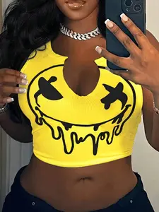 Women's Cartoon Face Print Notched Neck Crop Tank Top, Casual Sleeveless Cropped Top for Summer, Fashion Women's Clothing for Daily Wear, Bandeau Tops