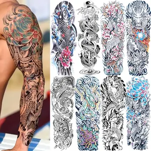 8 Sheets Full Arm, Colorful Dragon Koi Floral Designs, Long-Lasting Waterproof Realistic Body Art Stickers Fake Tattoos for Men Women, Waterproof Temporary Tattoos