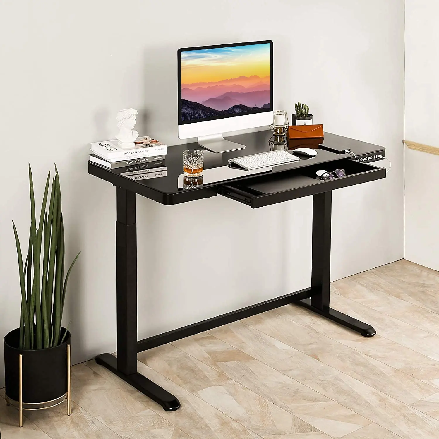 Rise Up Glass Electric Standing Desk 23.7x 45.3” glass desktop adjustable height 27-46.3” sit stand-up ergonomic office computer workstation memory usb c charging ports outlets easy assembly