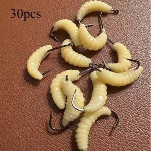 30 Realistic Worm-Shaped Silicone Fish Lures Floating Swimming Lures with Hooks, Soft Artificial Maggots, Bass Fishing Lure for Trout Bass Bluefish Bass Flounder Fishing Equipment, Fishing Tools