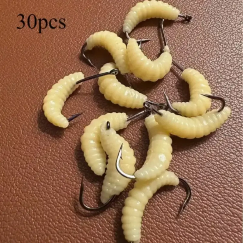 30 Realistic Worm-Shaped Silicone Fish Lures Floating Swimming Lures with Hooks, Soft Artificial Maggots, Bass Fishing Lure for Trout Bass Bluefish Bass Flounder Fishing Equipment, Fishing Tools