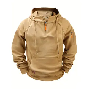 Men's Solid Color 1/4-Zip Henry Collar Hooded Long Sleeve Zip-Up Hoodie with Kangaroo Pocket, Ribbed Cuffs - Casual Autumn Winter Outdoor Sportswear, Sleek Smooth Texture Essential Hoodie