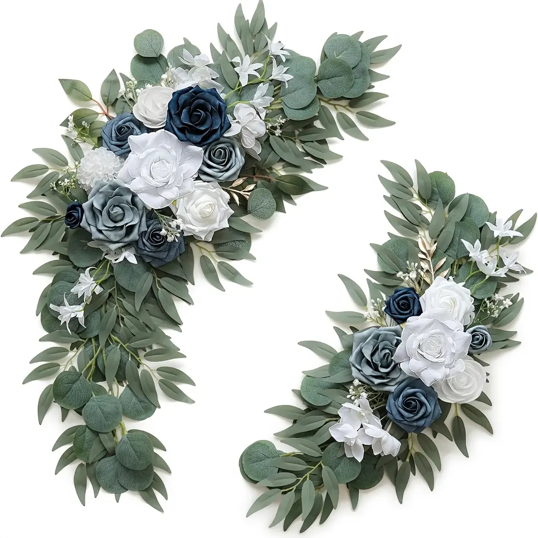 littleox 2 Pcs Grey-Blue Artificial Rose Floral Arrangements with Eucalyptus Leaves, Bohemian Style Wedding Arch Flowers,Realistic Flower Garland for Wedding Backdrop,Home Party & Bridal Decor