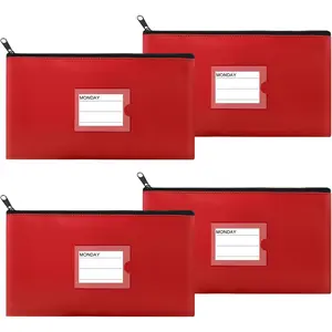 4 Pack Assorted Colors Heavy Duty Leatherette Bank Deposit Money Bag Security Zipper Pouch with Clear Window for Cash Coin Tool Storage Red