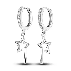 Silver-Plated Liquid Star Drop Earrings, Sparkling Rhinestone Huggie Hoops, Elegant Daily Jewelry for Women
