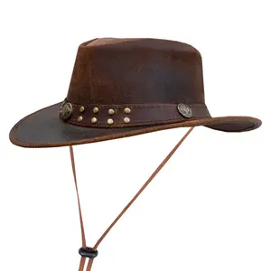 Dream Apparel Brown Genuine Leather Cowgirl &Cowboy Hat Western Australian Outback Hat with Shapeable Wide Brim Brown Australian Style Leather Hat