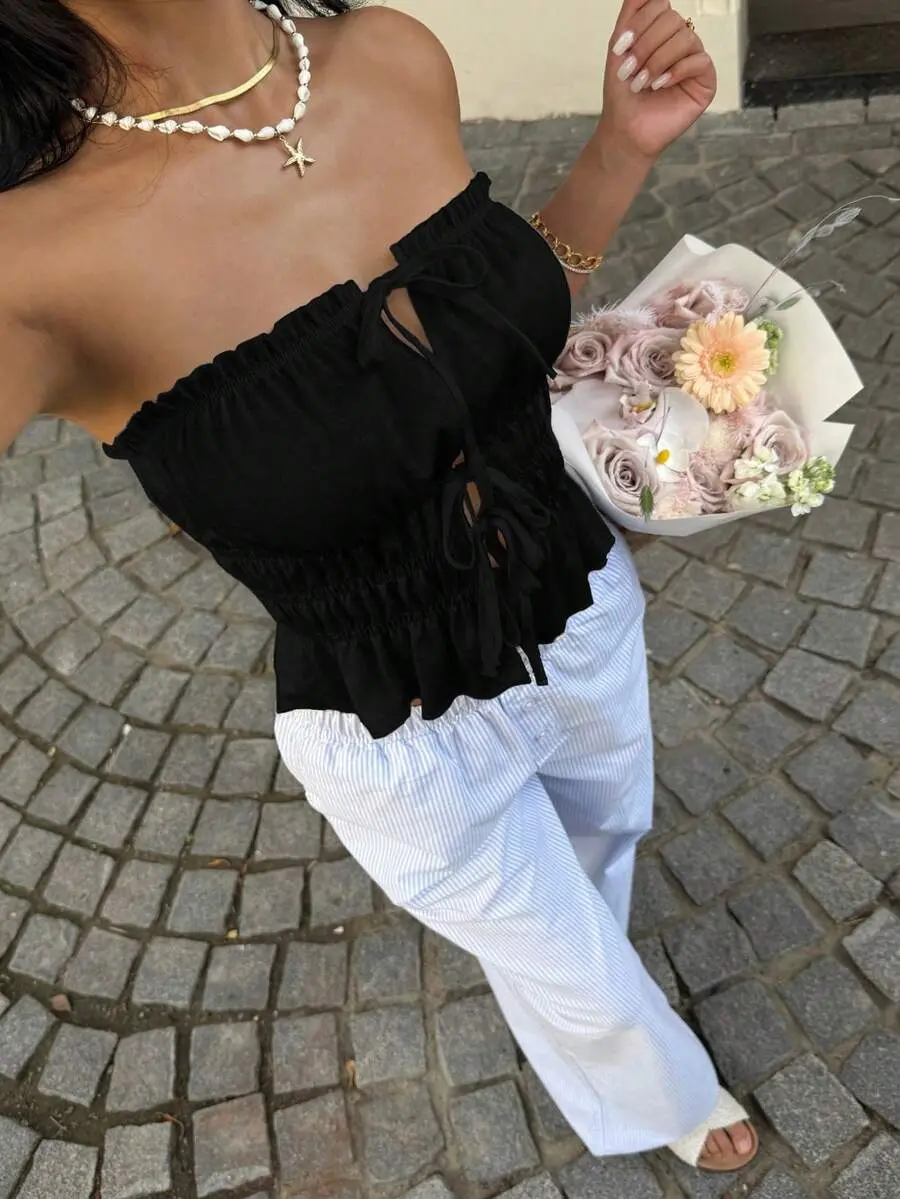 Women's Lace-Up Ruffle Hem Pleated Tube Top
