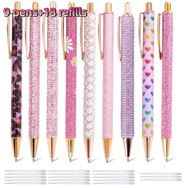 9pcs Fancy Pens for Women Cute Sparkly Glitter Pens with 18pcs Black Ink Refills Lovely Gifts for Girls Office School Christmas Graduation (Cute)