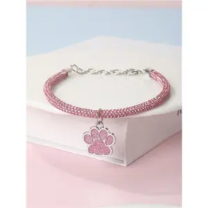 1pc Pink Rhinestone & Silver-Tone Paw Print Pendant Necklace Suitable For Cats And Dogs, Four Seasons Available