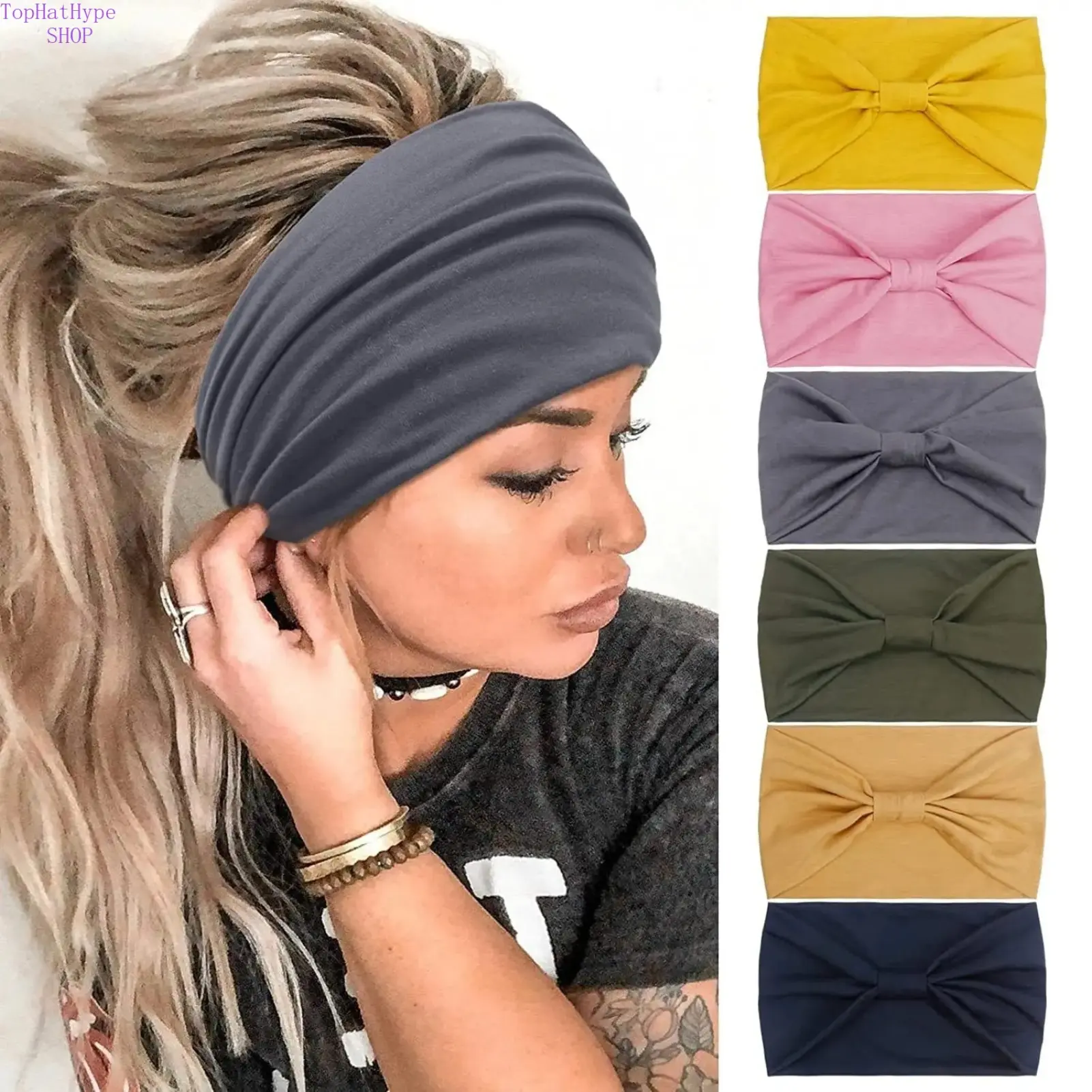 Women's Headbands 6-Pack, Wide Cotton Turban Head Wraps in Solid Colors, Anti-Sweat Fashion Hair Accessory & Sweatband, Headband Accessory, Sweatband Headband