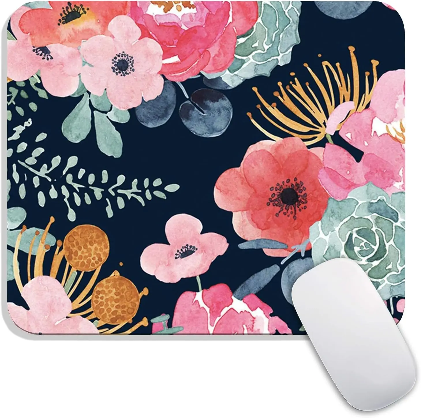 Square Mouse Pad Pink Flower, Personalized Premium-Textured Custom Mouse Mat Design, Washable Mousepad Cloth, Non-Slip Rubber Base Computer Mouse Pads for Wireless Mous