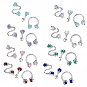 HERVAY 3PCS Stainless Steel Clicker Septum Ring Set - Red Heart & White Crystal Planet Design - For Septum, Helix, Tragus, Lobe, Rook & Lip Stud Piercings - Unisex Body Jewelry