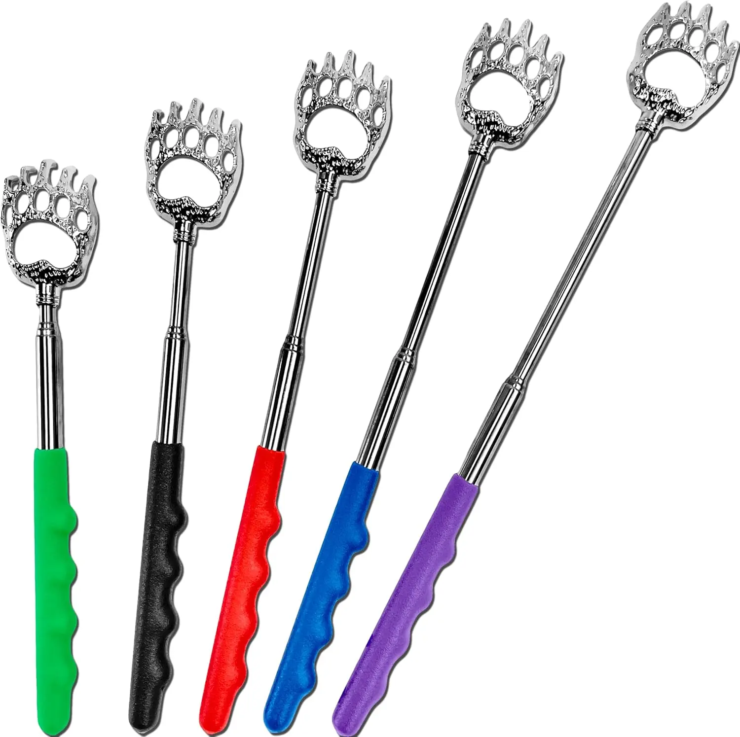 5-Pack Bear Claw Metal Telescoping Back Scratcher, Extendable Body Care Tool for Back Itching Relief, Available in Black, Blue, Green, Purple, Red (Home & Party Gift Supplies)