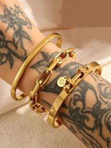 3Pcs/Set 18K Gold Plated Stainless Steel Stacked Design Bracelets Stack | Waterproof & Tarnish-Free Stackable Bracelets