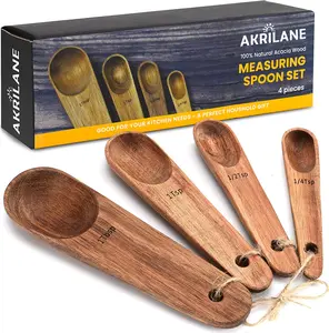 Premium Wooden Measuring Spoons Set – Engraved Acacia Wood Kitchen Utensils for Chefs | Accurate Spoons for Dry & Liquid Ingredients | Set of 4