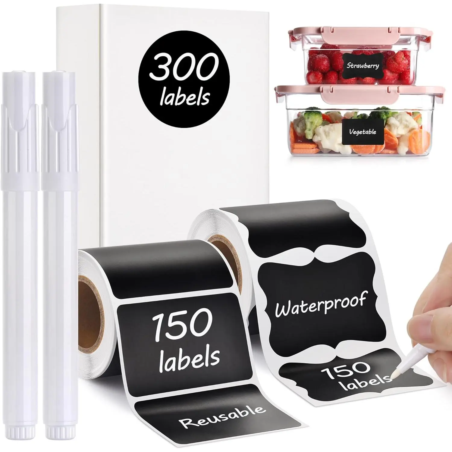 Adhesive Vinyl Chalkboard Labels - 300 Assorted Shapes (Wavy, Rectangle), Wavy & Oval Blackboard Stickers with 2 Free Erasable White Chalk Markers for Kitchen Pantry Organization