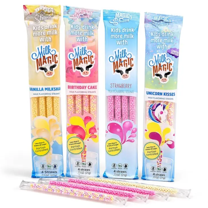 Milk Magic Flavored Milk Straws for Kids, Variety Bundle, 16 Straws | Vanilla Milkshake, Birthday Cake, Strawberry, Unicorn Kisses, Low Sugar, 20 Calories, Gluten-Free, BPA-Free
