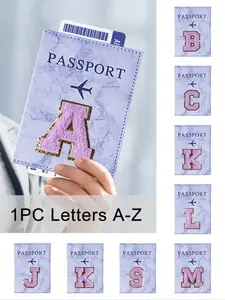 1pc Purple Passport Cover Embroidered With Purple Towel with A-Z Initials, Passport Wallet, Travel Document Holder, Women Men Rfid Vintage Multi-Function Id Bank Card Pu Leather Wallet