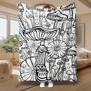 Colorable Mushroom Print Flannel Coloring Blanket - Soft Flannel Fabric, Retro Look, Multi-Functional for Camping, Ideal Gift for Family, Throw Blanket