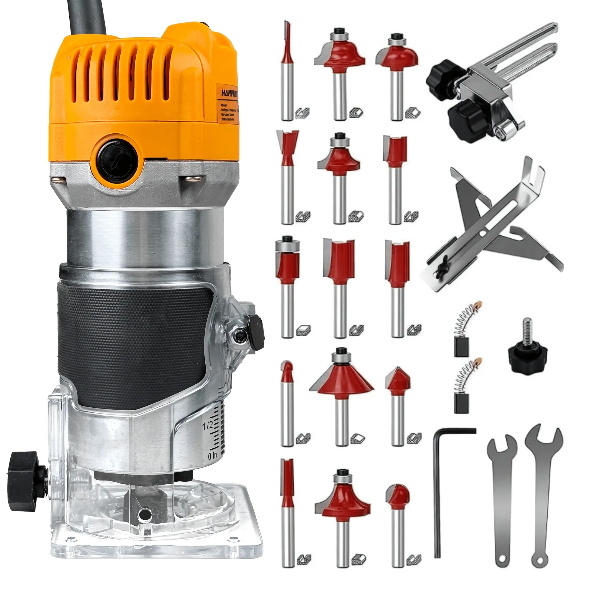 Compact Wood Router with Fixed Base & 15Pcs 1/4 Inch Router Bits Set, Handheld Electric Edge Trimmer Wood Milling Machine, Multifunctional Woodworking Laminate Trimmer for DIY Cabinet Door Furniture Slotting Carving Cutting