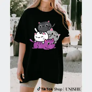 Kawaii Cat Print Asexual Pride Shirt Made from 100% Cotton for Men & Women