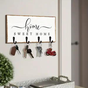 "Home sweet home" Wooden Wall Key Holder with 4 Hooks, Key Hanger Wall Mount, Home Organizer Hook, Wall Mounted Organizer, Home Decor, New Home Gifts, Modern Rustic Home Decor, Kitchen Accessories, Bathroom Decor, Bedroom Decor
