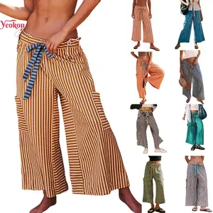 Yeokou Women's Drawstring Striped Pants - Loose Wide Leg Lounge Trousers with Pockets - 100% Cotton - Casual Palazzo Pants for Summer & Spring - Womenswear - Wideleg, Baggy