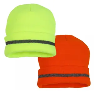 Pyramex Hi-Vis Reflective Knit Beanie RH100 Series 100% Acrylic One Size Fits Most with Silver Stripe in Hi-Vis Green & Orange for Warmth & Visibility